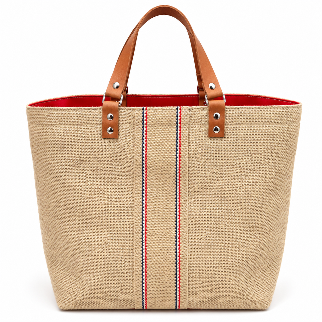 Cabas en jute naturel, bande tricolore, anses cuir, finition rouge