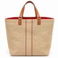 Cabas en jute naturel, bande tricolore, anses cuir, finition rouge