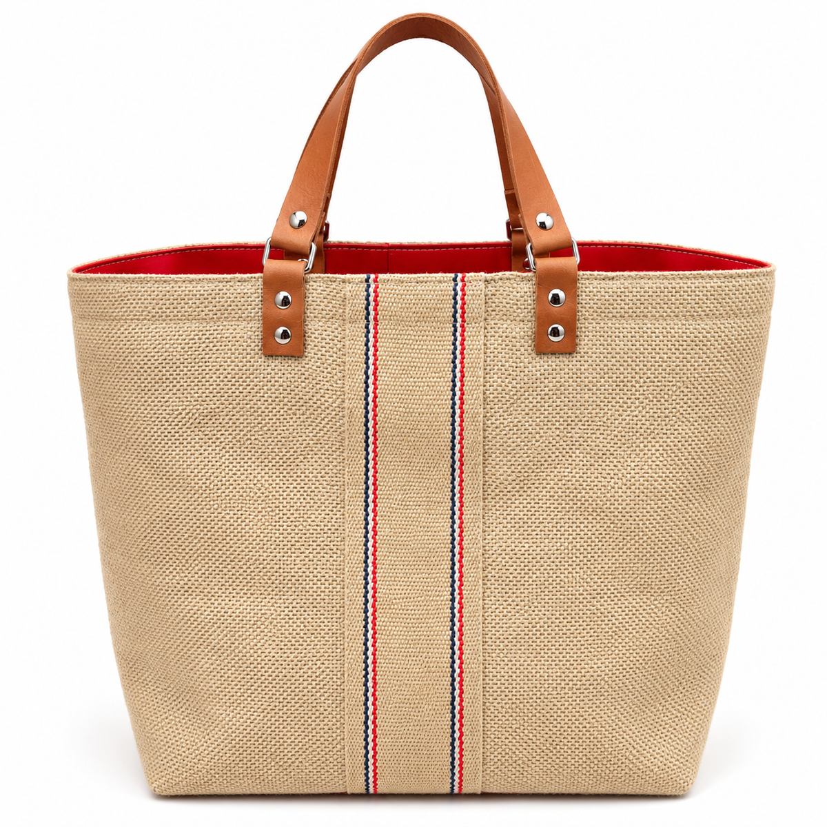 Cabas en jute naturel, bande tricolore, anses cuir, finition rouge